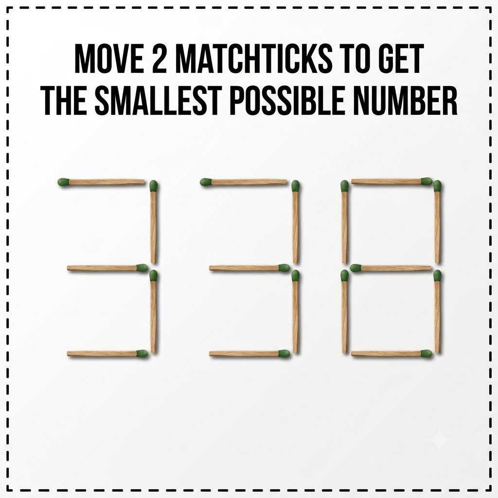 NarayanMeg23310's tweet photo. Just move 2 matchsticks for 338 and make the smallest number!

Can you get the Answer ❓ https://t.co/jCmCCc1K3s