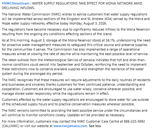 NWCjam's tweet photo. #NWCNewstream | WATER SUPPLY REGULATIONS TAKE EFFECT FOR MONA NETWORK AND HOPE NETWORK AMID DECLINING INFLOWS.

See full release: https://t.co/YIhYX4dh1m