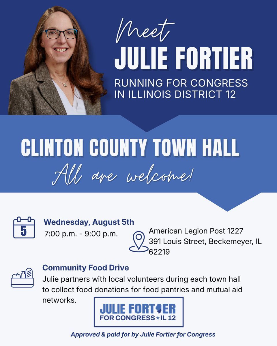 FortierforIL12's tweet photo. The Town Hall Tour continues to roll across Southern Illinois. This week Julie will visit:
Clinton County - Wed, August 5
Jasper County - Sat, August 8
Cumberland County - Sun August 9
#ForAllOfUs #Fortier4Congress https://t.co/cgwlHCDOVw