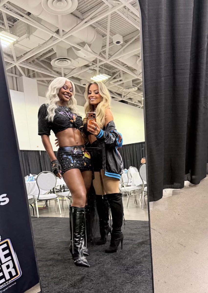 WrestlingWCC's tweet photo. Jade Cargill and Trish Stratus during Summerslam weekend 🤳 https://t.co/e8rs3TLrgk