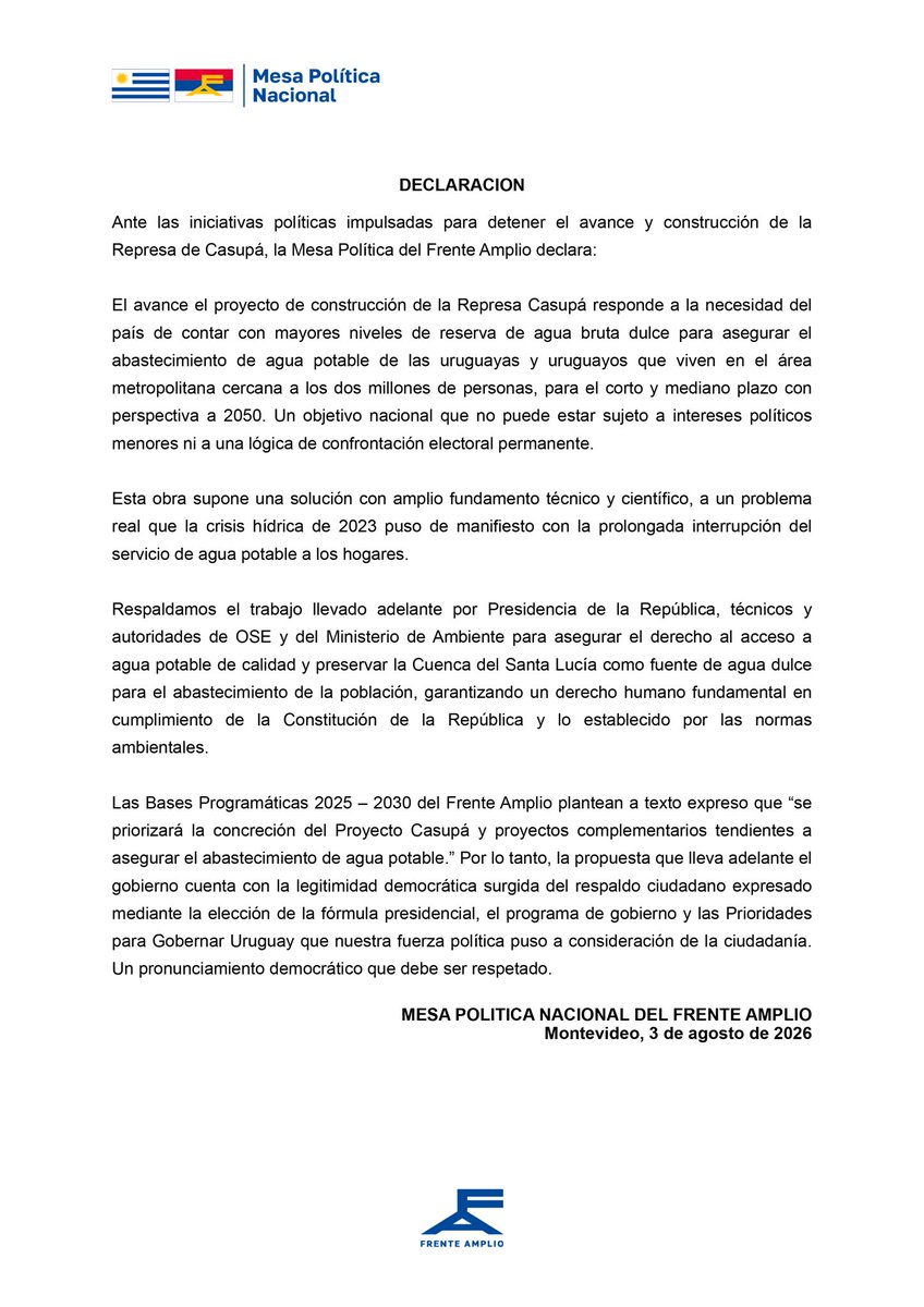 Frente_Amplio's tweet photo. El Frente Amplio respalda la construcción de la Represa de Casupá

Declaración de la Mesa Política Nacional

🔗 Más información: https://t.co/LdRFVyFfZs https://t.co/KGhe0ug6A8