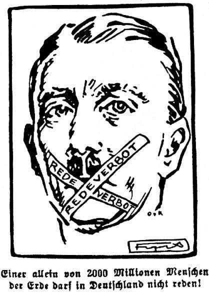 lucasdpaula's tweet photo. @VinhalRenato @pesquisas_elige @FlavioBolsonaro Qualquer semelhança não é mera coincidência.

Em 1928, Hitler divulgou um pôster com uma faixa presa à boca, acompanhado pela frase "Um, entre 2.000 milhões de humanos na Terra, não é permitido falar na Alemanha". https://t.co/2vNgZffu68