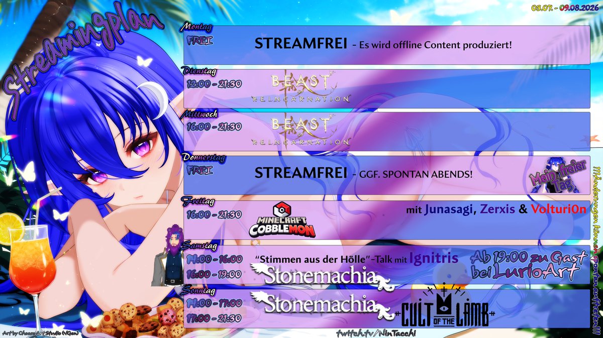NinTacchi's tweet photo. Hier ist der Streamingplan für diese Woche! 💜
Dienstag starten wir schon ganz früh, also ab ca. 12:00 rein... denn es ist endlich soweit! #BeastOfReincarnation startet endlich!

Donnerstag, also an meinem freien Tag, dürft ihr mich bei @HibitonYT hören!

Freitag gibt's wieder Cobblemon!

Samstag wird toll! Da haben wir den lieben @IgnitrisVt im Pidcast zu Gast, verbringen dann noch bis 19:00 Zeit in #Stonemachia und raiden zu @LurioArt, weil ich da zum Sommerfest eingeladen bin! 🌸

Den Sonntag lassen wir dann mit Stonemachia und #CultOfTheLamb ausklingen!

Wir sagen also auch diese Woche der Langeweile den Kampf an! 🖕🏻

👿 https://t.co/nLS9pnx9GV ���

#VTuber #GERVTuber #Twitch #streamergirl #Gaming #ContentCreator #VStreamer