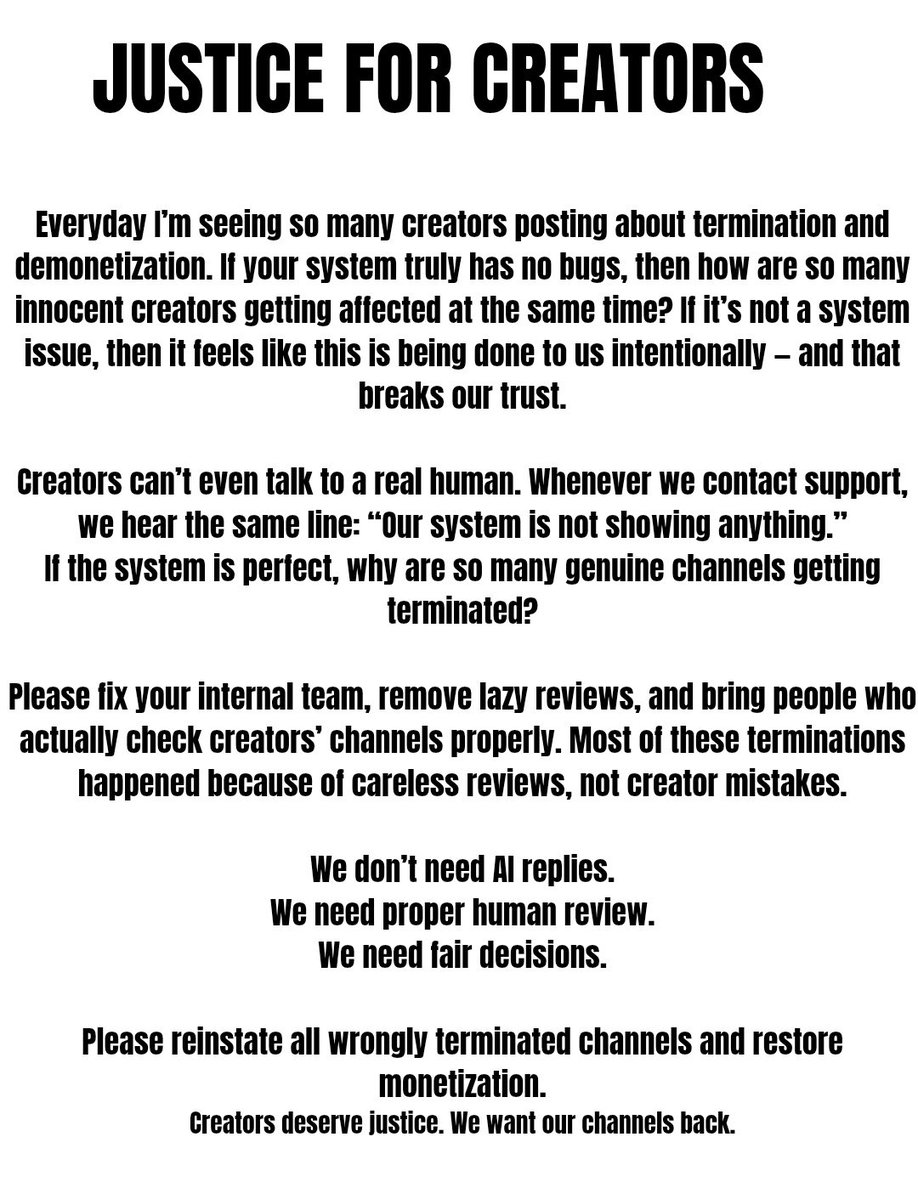 MadnessObserve's tweet photo. @NealMohan @YouTube
@YouTubeCreators
The people are uniting against you!! Restore the channels now!! 
#YouTubeAIWrongedCreators https://t.co/rUoJfrXANv