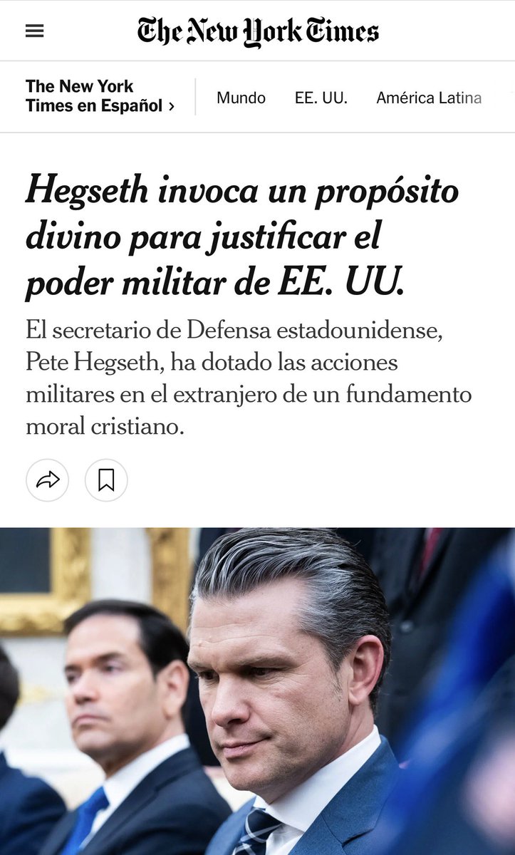 andrealdana's tweet photo. Esta gente la tiene clara, van a gobernar para el poder cristiano/evangélico porque saben que este poder está cambiando el curso de las elecciones en las Américas. Falta cobertura periodística sobre estas nuevas religiones que acumulan un poder enorme y transnacional. Le han disputado el terreno a la iglesia católica en cuanto a cercanía con el poder político y le han ganado, por lo menos en el continente americano; están metidos en todo el Sur y ya están en la Casa Blanca. Y su manera de funcionar es lavado de cerebro de sus adeptos y de las fuerza pública cuando hacen parte de gobiernos. Hay que prestar atención a lo que ya ocurre en el mundo porque venos como lo replican.  En este sentido, en el gobierno de ADLE se van a excusar los posibles abusos de poder y los posibles crímenes de Estado bajo un motivo o mandato divino, o de designio de Dios. Tal como Pete Hegseth, el Secretario de Defensa  de Estados Unidos, ya lo hace.

Hegseth preside servicios religiosos y misas evangélicas mensuales dentro del Departamento de Defensa. Y ya vinculan sus operaciones y ataque  militares con propósitos divinos. También hace oraciones por la violencia, en una misa que dio en el Pentágono, en el contexto del ataque contra Irán que EEUU inició, Hegseth pidió: "Que cada disparo dé en el blanco contra los enemigos de la justicia y de nuestra gran nación". Hoy en enemigo de esa nación es la izquierda, lo sabemos por la reciente “cumbre Antifa” que organizó Marco Rubio, su nuevo enemigo es la izquierda, el progresismo y los antifascistas que se les oponen. Rubio ha dicho que son “una amenaza real y transnacional que ha existido durante décadas, pero que ahora experimenta un resurgimiento […] Pueden llamarse anticapitalistas, antiimperialistas, comunistas, anarquistas o marxistas. Pero su naturaleza fundamental es siempre la misma: un resentimiento ponzoñoso, disfrazado con el lenguaje de la igualdad, la justicia y la liberación”. Contra ellos se dirigirá el nueva ataque y los llamará terroristas, todo con la biblia bajo el brazo. 

Esta nueva persecución  macartista será también transnacional y será presentada como una misión divina. Ahora bien, el gobierno ADLE sin ninguna duda — y lo ha demostrado en sus recientes videos y en lo que publica su gabinete— va a entrar en esta lógica, y usarán ese cristianismo evangélico para justificar el abuso tal como ya lo hace Estados Unidos. 

Así que es mejor empezar a hablar de cómo poner freno a lo que se nos viene encima, en lugar de burlarnos porque nos parece “ridículo” algo que puede sernos tenebroso.

ADLE ya se presenta como un ser “tocado por dios”, y se comportará como un pastor y no como presidente porque necesitará del culto a la personalidad para sostener su gobierno. Si no estamos asustados ahora con estas imágenes religiosas que está proyectando es porque no estamos prestando atención a lo que está ocurriendo en el mundo. Mientras tenemos democracia, esto tiene que frenarse.