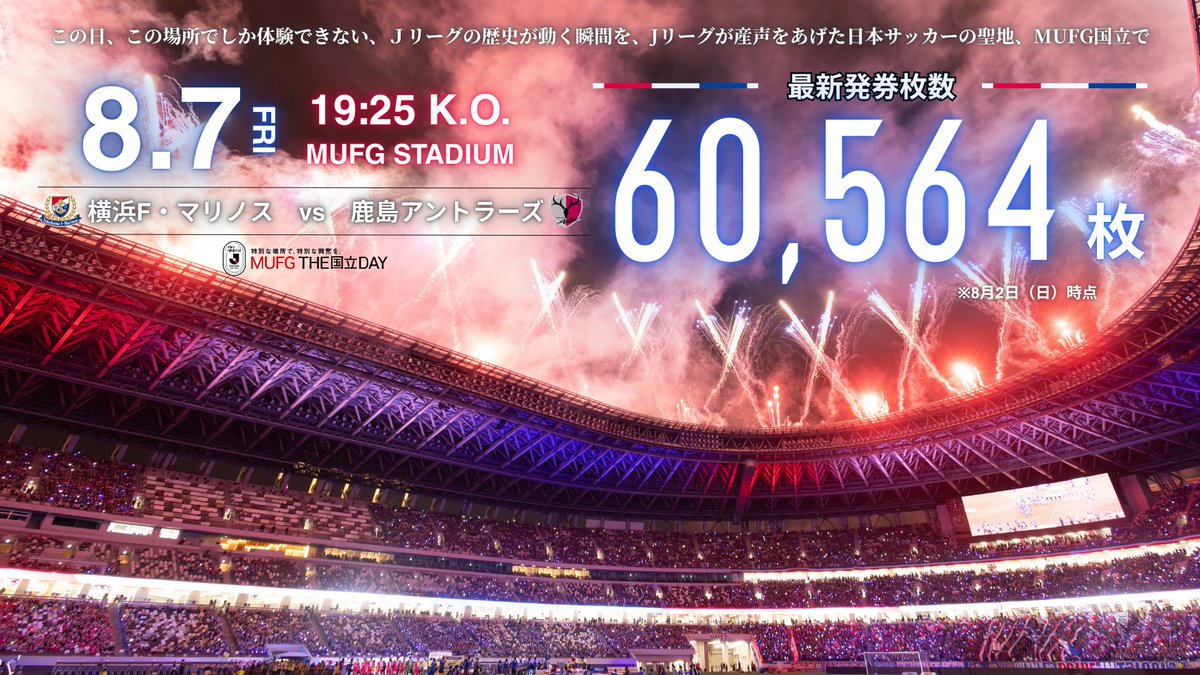 prompt_fmarinos's tweet photo. 8.7（金）19:25 K.O.
🏟️ MUFGスタジアム

発券枚数は 60,564枚🎟️
チケットは残りわずかです！観戦予定の方はお早めにご購入ください🔜

当日はJリーグ史上最多となる約2,500発の花火🎆
セレモニーが開始する【19:00】までに着席して、新たな時代の幕開けを共にスタジアムで迎えよう🔴⚪️🔵

試合情報▶https://t.co/Mlf7oQE2Rq

#fmarinos