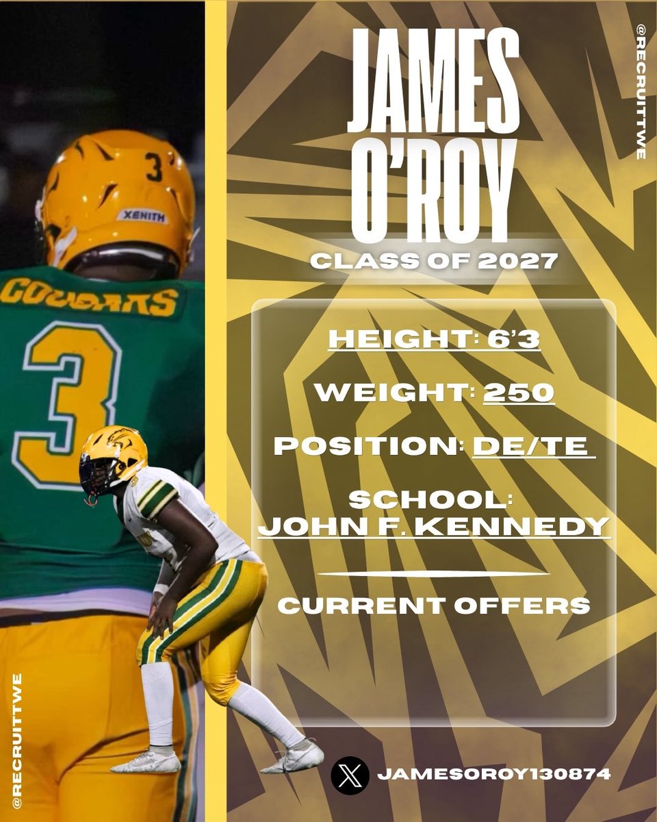 RecruitTWE's tweet photo. James O’Roy
Class of 2027
DE/TE
John F Kennedy HS
@JamesORoy130874 https://t.co/C4N2JK0zfx