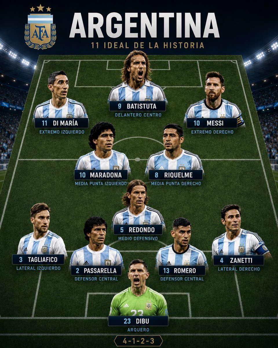 ManuelColombo's tweet photo. Mi XI ideal de la historia de Argentina 🇦🇷⭐️⭐️⭐️
4-1-2-3. Este es mi equipo. ¿Qué cambiarías? ¿Quién entra y quién sale?👇
Que opinas @DavooXeneizeJRR ?
¿A quién sacás y a quién ponés? Los leo.
#11Ideal #XIHistorico #SeleccionArgentina #Argentina #Messi #Maradona #GOAT https://t.co/4uc2AjZECl