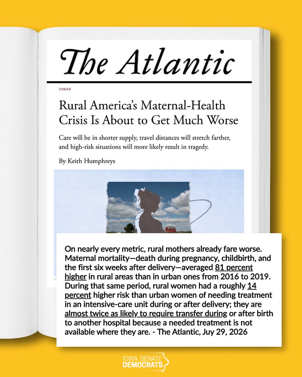 SenateMajority's tweet photo. Fewer OB-GYNs. Fewer birthing units. Higher insurance costs. In Iowa, it's getting harder to safely have a baby.
The Atlantic reports only 4% of the nation's OB-GYNs practice in rural areas, and fewer new doctors are willing to work in states with strict abortion bans.

1/6 https://t.co/eT8LXZWHAS
