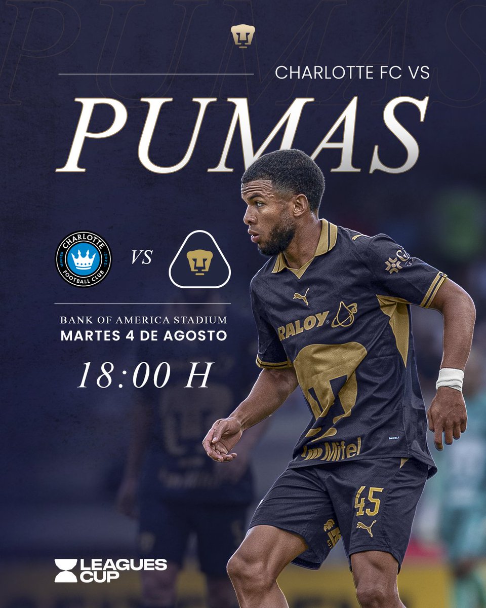 PumasMX's tweet photo. Mañana inicia nuestro camino en la @LeaguesCup 2026 🏆⚽️

¡Con garra, Pumas! 🐾

🆚 @CharlotteFC 
🏟️ Bank of America Stadium
📅 Martes 4 de agosto
🕰️ 18:00 hrs (CDMX)
📺 @AppleTV 

#SiemprePumas https://t.co/BrlLyVkX7b