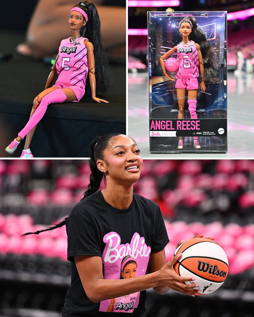 espnW's tweet photo. It's Barbie night at Aces-Dream 🩷

Angel Reese is only the second player in WNBA history to have a Barbie doll alongside Sue Bird 💅 https://t.co/xcdGWIR6JG