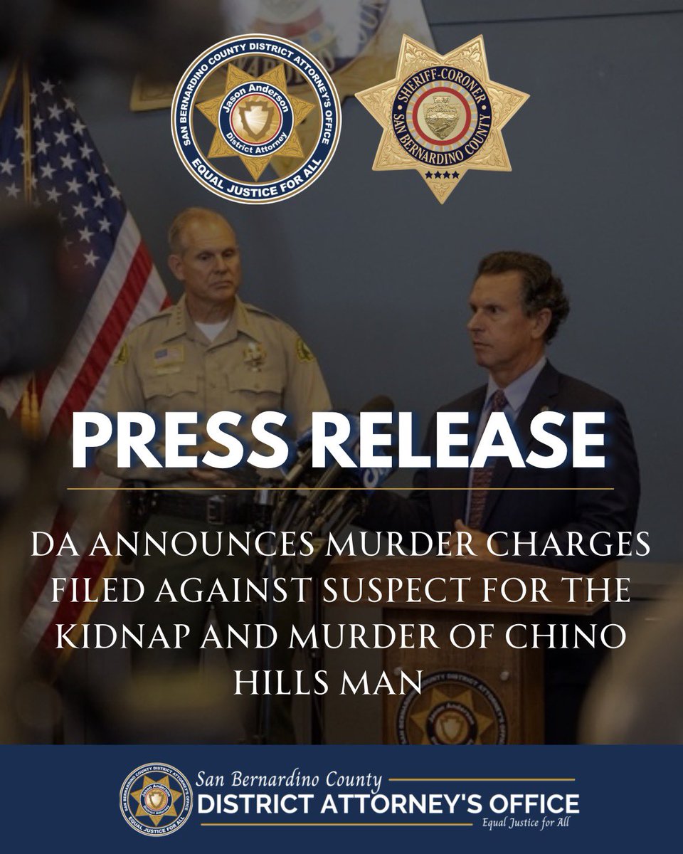 sbcountyda's tweet photo. The San Bernardino County District Attorney’s Office announced today, following a joint press conference in Chino Hills, that criminal charges have been filed against Jianquan Bo, 66, of Irvine, for his alleged involvement in the kidnapping and murder of Aikebaer Shukur of Chino Hills.

During the press conference, District Attorney Jason Anderson, joined by San Bernardino County Sheriff Shannon Dicus and Sgt. Nicholas Clark from the San Bernardino County Sheriff’s Department Specialized Investigations Division, provided updates and outlined the charge.

Count 1) Murder — PC187
Special Allegations of aiding and abetting in commission of a kidnapping and use of a firearm. 

During today’s briefing, District Attorney Jason Anderson emphasized the extensive collaborative investigation conducted by both agencies and confirmed that the murder charge against Defendant Bo is applicable under the theory that the Defendant allegedly planned to and aided in the harm, kidnapping and death of the victim.

The San Bernardino County District Attorney Bureau of Victim Services has assigned a Victim Advocate to support the victim’s family throughout the judicial process. The advocate will provide resources, assistance, and ongoing communication to ensure the family remains informed of their rights at every step.

Defendant Bo’s arraignment is scheduled to take place at Rancho Cucamonga Superior Courthouse. Date, time and department is to be determined.

Case #FWV26002653