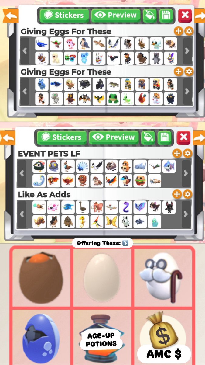 jejeie026's tweet photo. LF PETS IN THE PICS! (Click Image To View ALL)
Trading EGGS (Listed In Pic), AMC (100K+), Age-Up Potions
Can Mix These Options As Well! 🙂↔️
🏷️: #adoptme #amtrade #adoptmetrading #adoptmetrades #adoptmepets https://t.co/AIQSfxH3Aq
