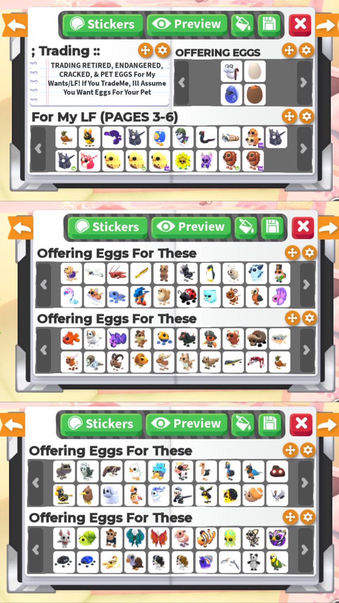 jejeie026's tweet photo. LF PETS IN THE PICS! (Click Image To View ALL)
Trading EGGS (Listed In Pic), AMC (100K+), Age-Up Potions
Can Mix These Options As Well! 🙂↔️
🏷️: #adoptme #amtrade #adoptmetrading #adoptmetrades #adoptmepets https://t.co/AIQSfxH3Aq
