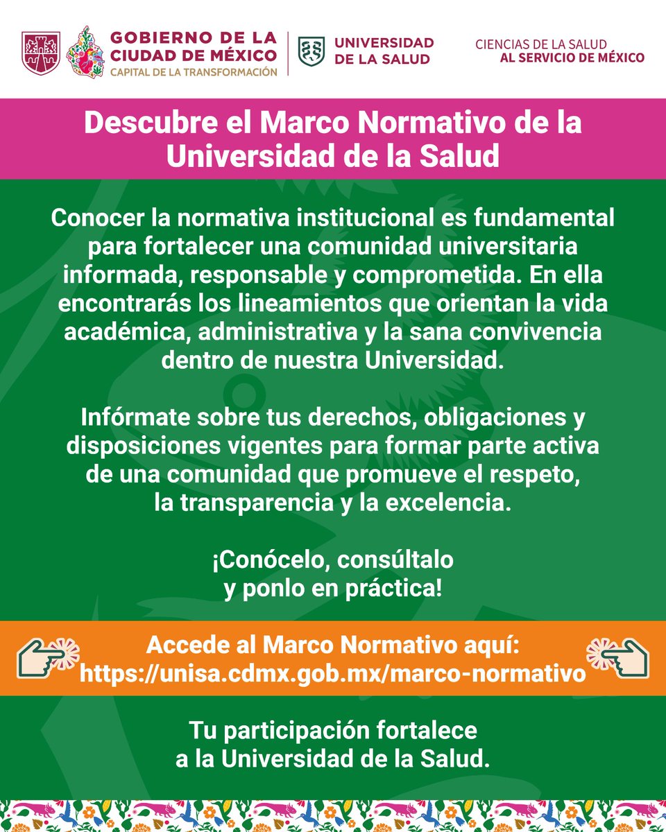 UNISACDMX's tweet photo. 📚 ¡Conoce el Marco Normativo de la UNISA! ✨ 

Ser parte de nuestra Comunidad Universitaria también implica conocer los lineamientos que nos orientan. 🤝

🔎 Explora el Marco Normativo y conoce las bases que nos unen como comunidad.

📲 Consúltalo aquí:
https://t.co/IMugz5w0Jx https://t.co/Xs8Q4a1VhH