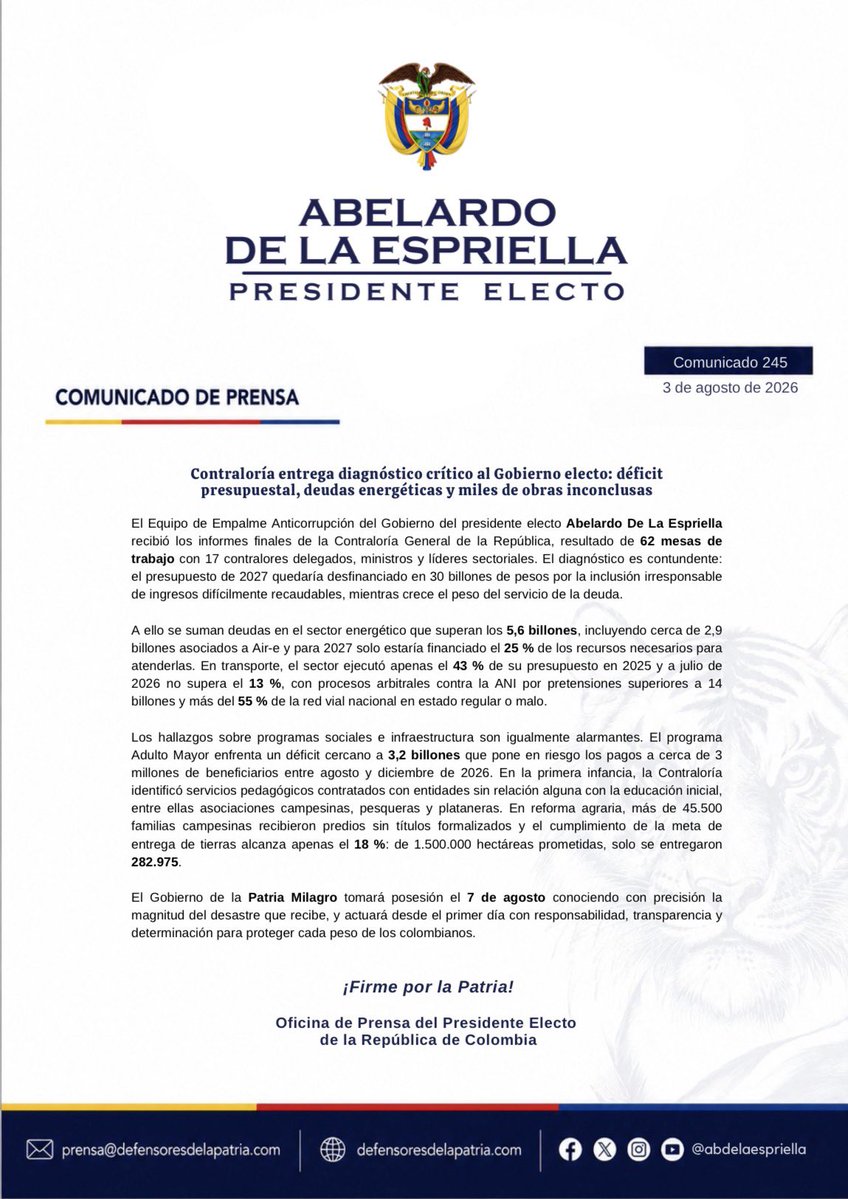 defensoresco's tweet photo. #ATENCIÓN | El Equipo de Empalme Anticorrupción del Gobierno del presidente electo de Colombia, Abelardo De La Espriella (@ABDELAESPRIELLA), recibió el diagnóstico final de la Contraloría General de la República, que advierte un panorama crítico para las finanzas públicas, el sector energético, la infraestructura y varios programas sociales.

El informe identifica un presupuesto de 2027 desfinanciado, deudas millonarias en el sector energético, baja ejecución en infraestructura y un déficit cercano a $3,2 billones en Colombia Mayor.