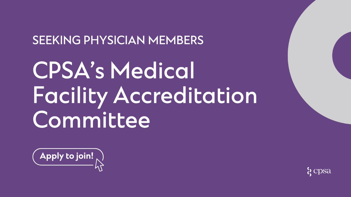 CPSA_CA's tweet photo. CPSA’s Medical Facility Accreditation Committee is seeking 3 physician members with 5 or more years of clinical practice, including experience practising in and/or referring patients to accredited diagnostic and clinical facilities.

Learn more about the eligibility requirements and apply on our website: https://t.co/rhFCnklr5i

#ABHealth #MessengerMonday