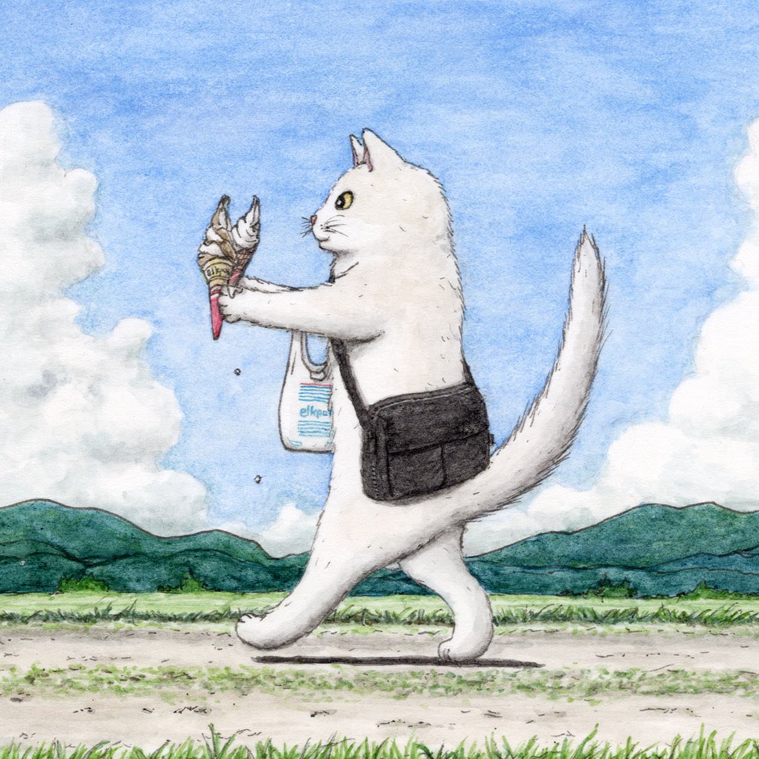 elkpots's tweet photo. 『夏とソフトクリームの猫』☀️🍦🐾

買ってしまったのはいいけれど
あぁ、間に合う気がしない
いっそもう食べちゃおか？

#猫  #cat  #イラスト  #過去絵 https://t.co/0s0ntrNGQe