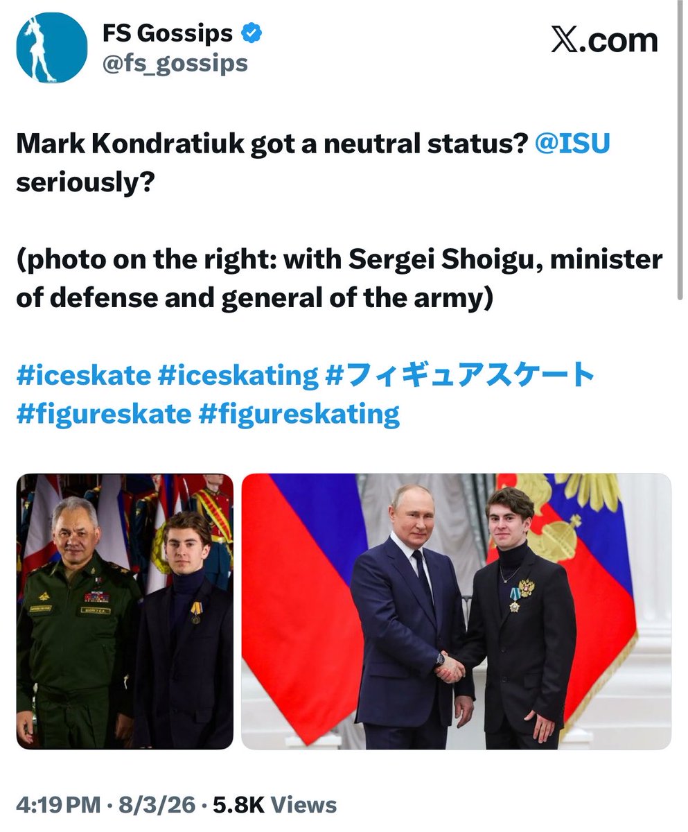 elias39410282's tweet photo. mark kondratiuk who got neutral status skating to hava nagila in support of israel, a song made to celebrate the colonization of palestine

also pictured with both putin and the minister of defense

this guy is a fascist he has no place in our sport https://t.co/WyO6rX5obP https://t.co/nEe8IkAaaC