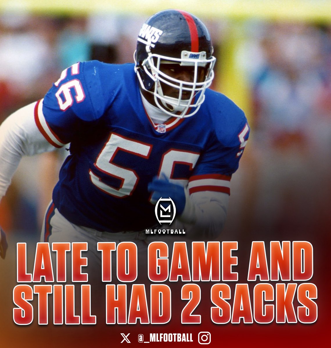 MLFootball's tweet photo. 🚨🚨INSANE STORY🚨🚨

#Giants legend Lawrence Taylor once showed up LATE to a game because he thought the Giants were playing on Monday — not Sunday.

Taylor was reportedly out golfing when he drove past the stadium and suddenly realized his team was already playing.

LT rushed into the locker room, got dressed, and made it onto the field just before the second quarter began.

Coach Bill Parcells was furious.

Taylor responded by recording two sacks as the Giants defeated the #Patriots.

This happened during the #NFL's first season featuring Sunday night primetime games.

Only LT 💀💀💀