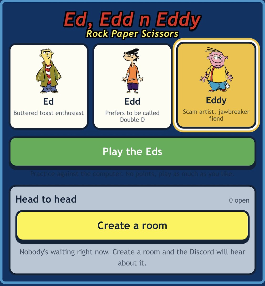 CartoonReOrbitt's tweet photo. 🎮 New PVP game alert! Ed, Edd n Eddy Rock Paper Scissors is now live! Play against friends and earn PVP points! Who wants to challenge us?
Available alongside gToons Clash and TKO!
#CartoonReOrbit #CartoonNetwork #Nostalgia #EdEddNEddy https://t.co/AaX2hUT2kU