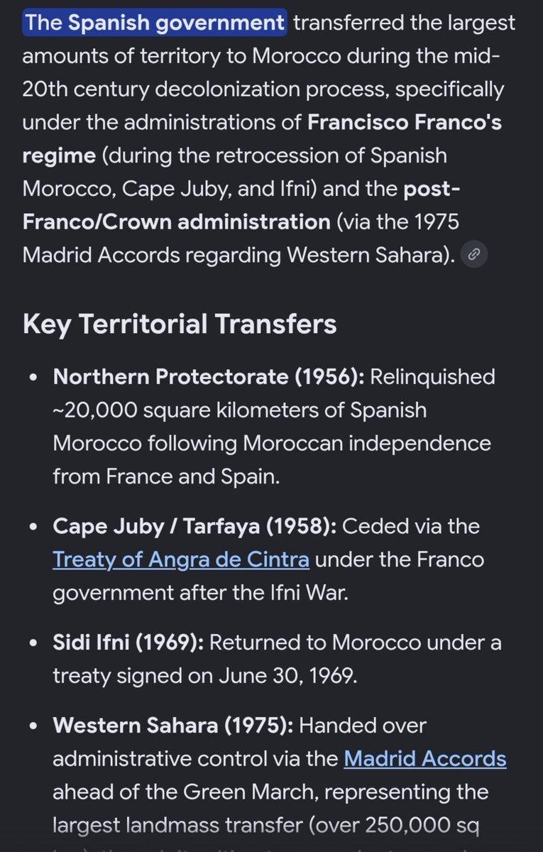 ecumenopolis_'s tweet photo. @SirPhillipTekle @thedramaworldz @ZoomerHistorian @neofabians Also not very "Blood and Soil" of Franco to give Morocco more territories than anyone ever in History.

Also i dont know why they say the Madrid Accords are post franquismo even tho Franco was still alive and only went into coma 6 days later (divine punishment btw) https://t.co/wmsZDSSLck