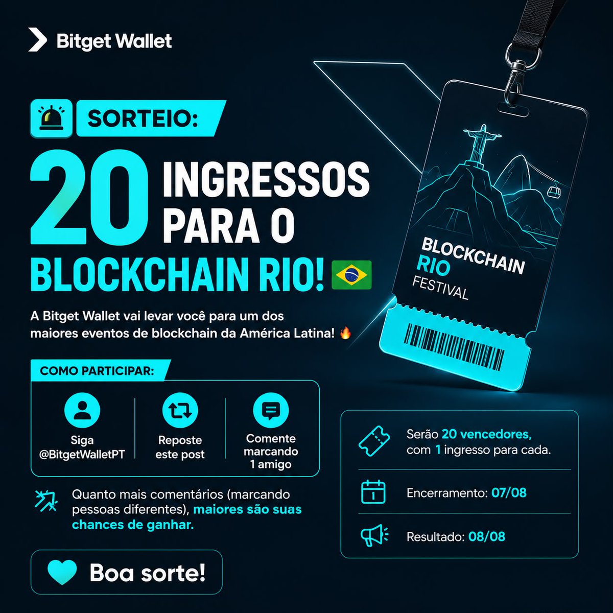 BitgetWalletPT's tweet photo. 🚨 SORTEIO: 20 INGRESSOS PARA O BLOCKCHAIN RIO! 🇧🇷

A @BitgetWallet vai levar 20 pessoas para um dos maiores eventos de blockchain da América Latina! 🔥

Para participar é simples:

✅ Siga @BitgetWalletPT
🔄 Reposte este post
💬 Comente marcando 1 amigo

Quanto mais comentários (marcando pessoas diferentes), maiores são suas chances de ganhar.

🎟️ Serão 20 vencedores, com 1 ingresso para cada.

📅 Encerramento: 07/08
📢 Resultado: 08/08

Boa sorte! 🩵