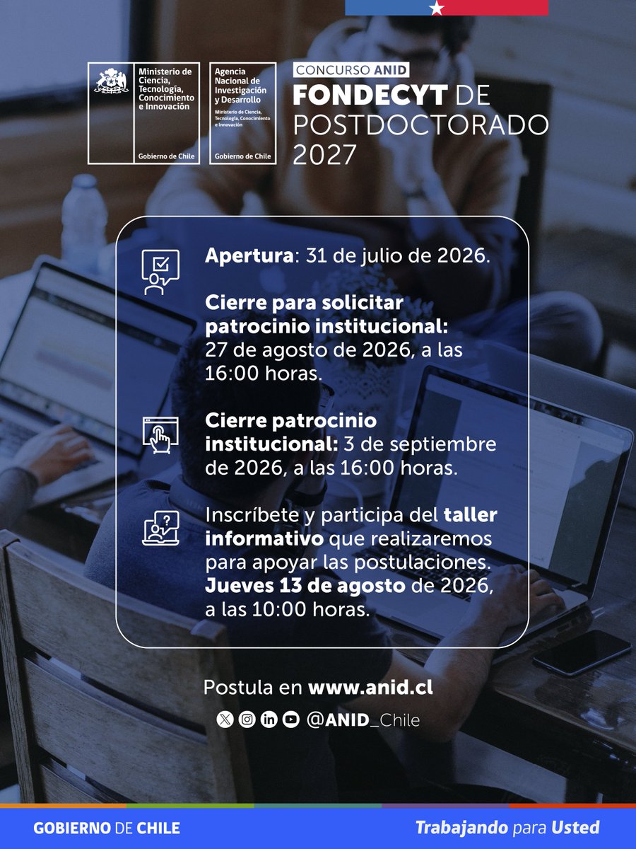 ANID_Chile's tweet photo. ¿Tienes un grado de Doctor y buscas desarrollar una investigación propia? Postula al Concurso Fondecyt de Postdoctorado 2027 de ANID, y desarrolla tu proyecto. Revisa las bases y conoce las áreas priorizadas.

Esta convocatoria invita a investigadoras e investigadores, chilenos o extranjeras, con permanencia definitiva en nuestro país. Quienes se adjudiquen el subsidio, no deben ser deudores del Crédito con Aval del Estado,

Más detalles en https://t.co/N8LPj8PgDe.