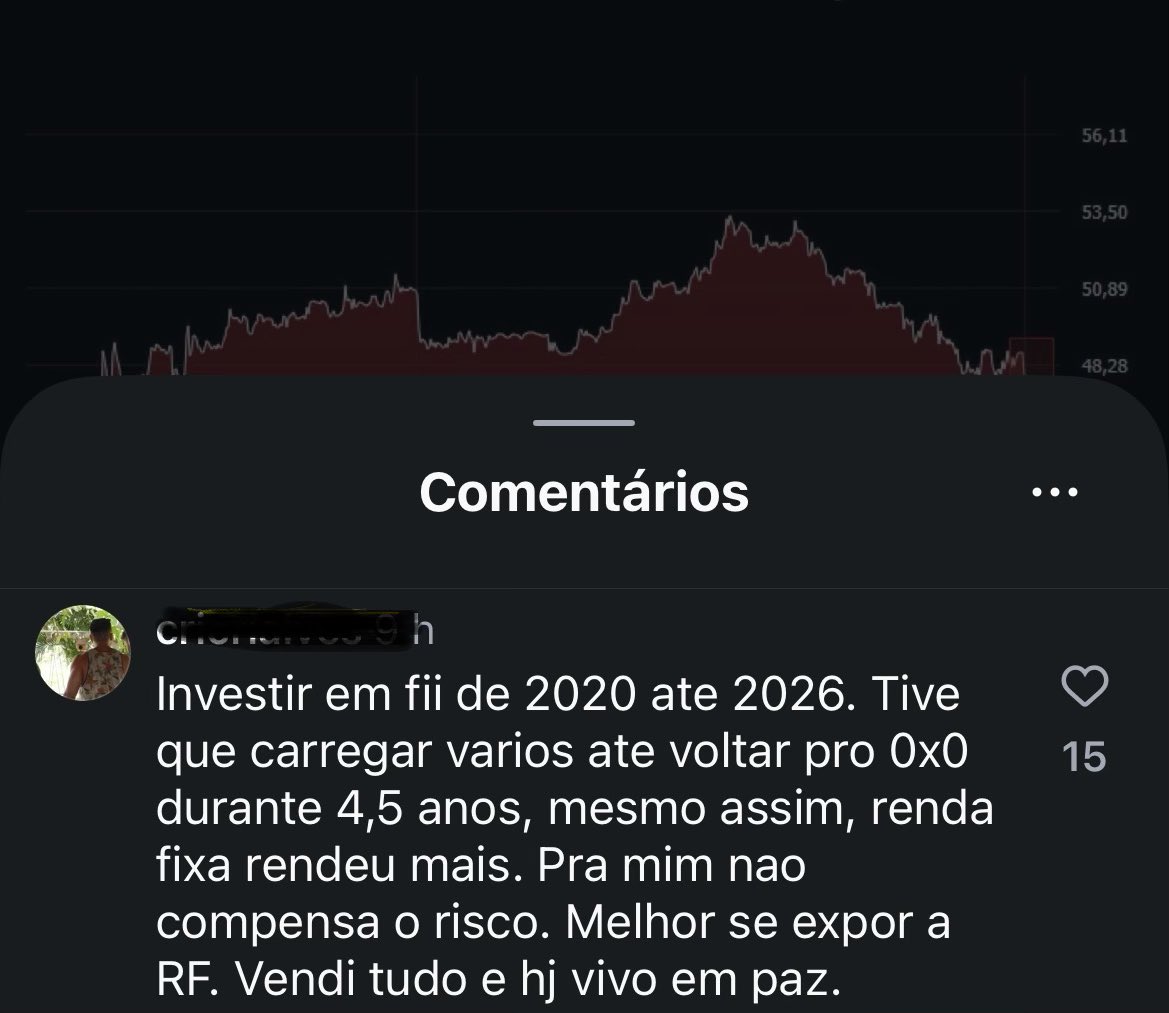 argon_invest's tweet photo. Caramba…

Muito triste ler vários relatos assim.

Uma geração toda se dando conta só agora da maldade que rolou nessa classe.

Tem coisa boa ? tem, mais tem que ser sincero e realista, quantos prestam e batem o CDI?  não dá nem 1% dos FIIs que temos listados… podemos chamar isso de mercado saudável?