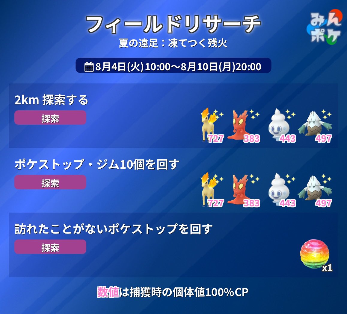 pokemongo_db's tweet photo. 【夏の遠足：凍てつく残火】

フィールドリサーチ(判明分)と
5kmタマゴのレアリティ
をまとめました。

https://t.co/9MkDtRzr7u
#ポケモンGO https://t.co/LYuzY4Hx9x