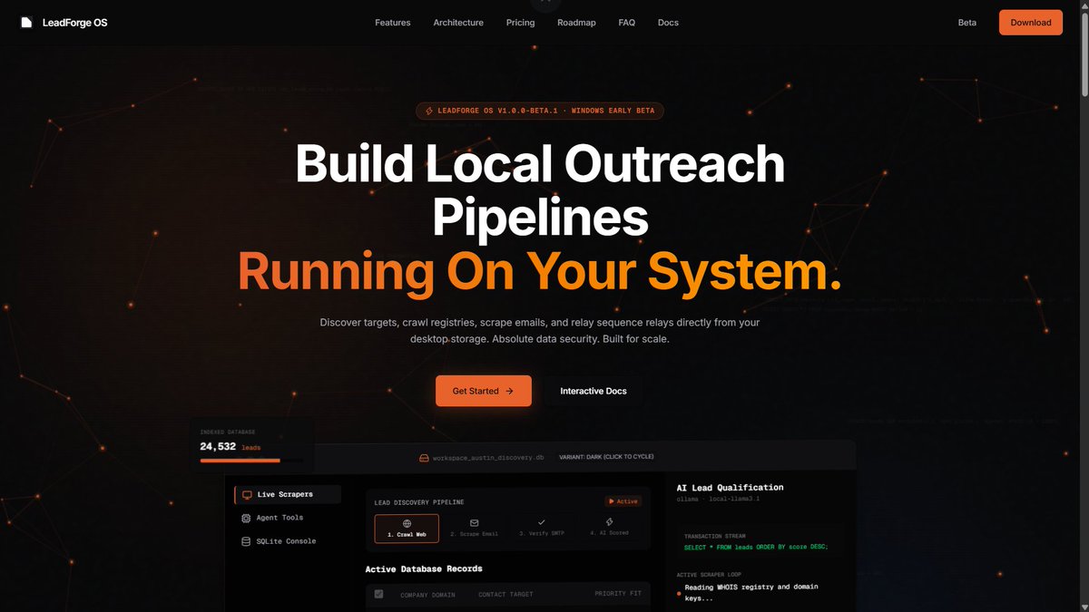 kjxcodez's tweet photo. First beta of LeadForge OS is out.
It's rough, buggy, and missing plenty.

Looking for engineers who enjoy building systems. 

Feedback on the UX, architecture, or release process is welcome.

https://t.co/8QLhJHx4NW https://t.co/yzVlBhER3S

Back to building.
#buildinpublic https://t.co/PLTYgiFWU8