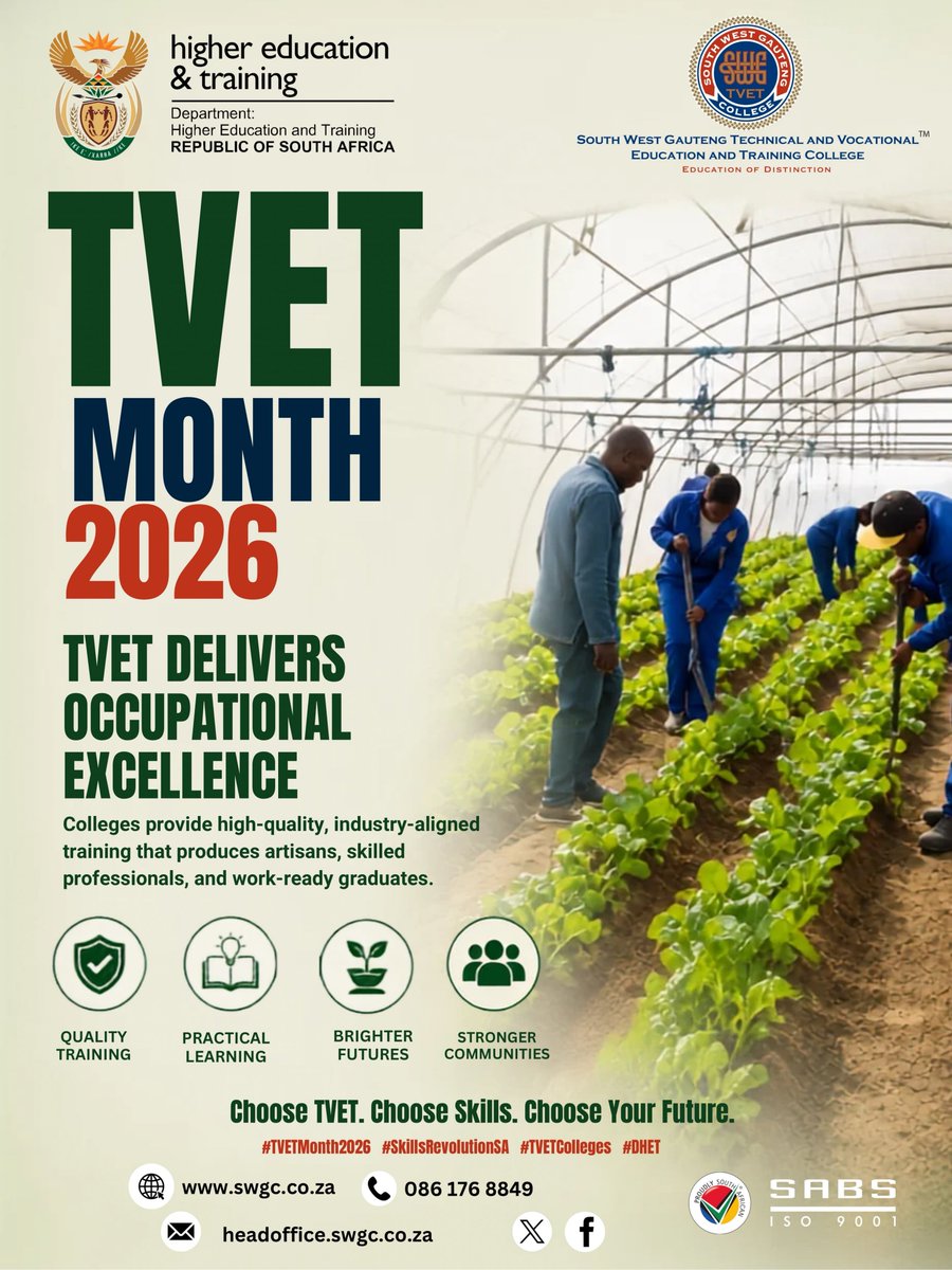 SWGCollege's tweet photo. TVET MONTH 2026: DELIVERING OCCUPATIONAL EXCELLENCE
TVET delivers excellence!
#TVETMonth2026 is about skills, futures & communities.
Choose TVET. Choose Skills. Choose Your Future.
#SWGC
#SkillsRevolutionSA
#TVETColleges
#DHET https://t.co/MGZo9dLflu