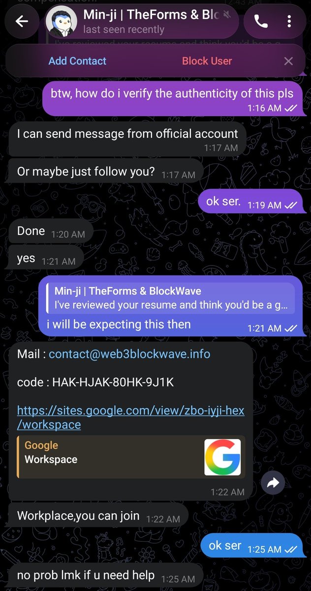 Only1temmy's tweet photo. 🚨 SCAM WARNING 🚨

at 1:16am i asked a recruiter how to verify he was real.

he said, i can send message from official account. or maybe just follow you?

he offered to prove himself using the account i was asking about. he followed me, i followed back, nothing was verified, and it felt like something had been.

he had come into my x dms that night, recruiting for content and marketing at a podcast company. min-ji, head of scouting at a vc called theforms. i don't open links in x dms, a shortened calendly link caught me once and i only worked out where it went afterwards, so i moved him to telegram where i can read a full url before i touch it.

theforms[dot]ventures has a real site. team page, headshot, lee min-ji, navy suit, bio about spotting founders long before the market catches up, previously at okx ventures. under the photo, two icons, x and telegram, both pointing back at the account messaging me. the loop closes on itself and never touches anything outside it.

the bio never names one company he found. in venture, deals are the entire cv.

then i scrolled, and the firm had two heads of scouting. one woman, one man, same title, same page. nobody writes that by hand. you get a duplicate like that when profiles are generated in bulk and dropped on a template without anyone reading the output, which is also how a man ends up carrying a woman's name.

i kept going because i wanted to see the link.

he took my details, then said once i join the workspace we can discuss compensation. that's the lever. the money sits behind one more door, and the door needs you to walk through it.

then it came. sites[dot]google[dot]com/view/zbo-iyji-hex/workspace, an access code, hak-hjak-80hk-9j1k, a contact address at web3blockwave[dot]info.

i didn't open it, and i didn't need to. google workspace does not live at sites[dot]google[dot]com/view/. that's the free site builder anyone can spin up in two minutes, and the google in front buys trust the page never earned. no real invite is gated behind a code you type into a page. the code is theatre, it makes an empty room feel locked. even the slug is working, zbo-iyji-hex reads as a meet code at a glance.

pages like that run clickfix. an invented error, session expired, certificate expired, then instructions to fix it, open your terminal and paste this. the page already wrote the command into your clipboard while the error held your eyes. nothing downloads, so nothing gets scanned, you type it in yourself, and when it asks for your password that's not your wallet, that's keychain, session cookies, ssh keys, everything. north korean crews built a version of this aimed specifically at people who work in crypto.

fake vc firms aren't new, fortune documented two of them running this exact play in 2016. what's new is the price. domain, thirty dollars. bios, free and generated, which is why there are two of the same job. headshots, free. team page, one afternoon. the first thing in that chain that costs real money is a workspace that actually works, and they never had one.

so stop asking whether something looks real. looking real is free now, it tells you nothing. ask what the first expensive thing is, and go check whether it exists.

and don't memorise my version. mine came as a job. yours might come as a podcast booking, a partnership, a grant, a bug bounty, an airdrop, an investor intro. the story is whatever gets you to move. the link never changes.

three things worth keeping.

- no site needs your terminal. not google, not microsoft, not your bank, there is no legitimate version of that instruction.

- verification only counts through a channel they didn't hand you.

- if the money sits behind a link, the link is the product.

it will keep getting better than this. we'll keep hunting them down. it could be any account that messages you next, so stay safe out there.
