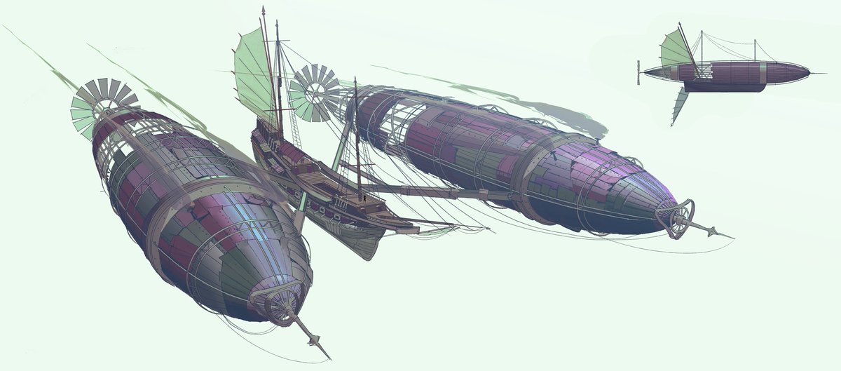 Chuwenjie's tweet photo. My work on the Denied in Avatar Aang! I did initial concepts for the airships in the film, as well as final color design for the lead Denied characters. Credits below https://t.co/tlwrhlZZa5