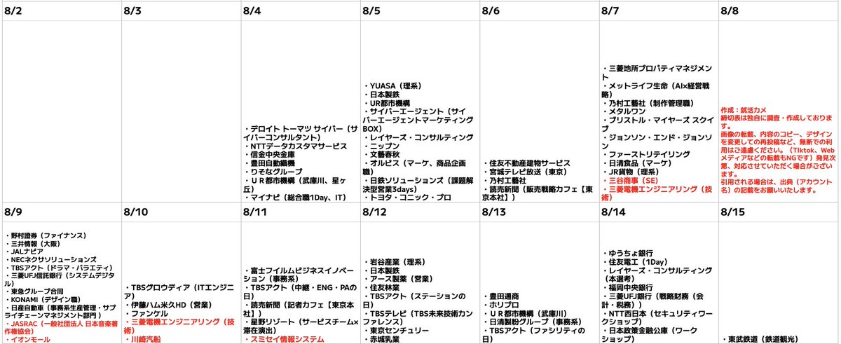 syukatsukame's tweet photo. 8/4更新
【28卒：秋冬インターン・本選考締切カレンダー】

秋冬インターン・本選考締切更新しました！先日の投稿から更新した企業は赤字で記載しています。
秋冬インターン一気に増えてきましたね...!!東京海上・Honda・三菱ＵＦＪニコスなどエントリーが始まっています！！

サマーインターンで思うような結果が出なかった人にとって、巻き返しの大きなチャンスです。🔥
頑張っていきましょう！！

また、この時期は秋冬インターンのスカウトが来やすい時期でもあるので、以下のスカウトサービスには絶対登録しておきましょう。

🎯大手志望の28卒はirootsに絶対登録！！！
登録しないのは本当に勿体無いです。
NTT東日本、富士通、アクセンチュア、住友商事などの大手企業が掲載。
プロフィールを充実させることで、非公開ルートのスカウト（早期選考・一部選考免除）が届く可能性があるので、登録してない人は今すぐ登録しよう！！！
もう一度言いますが、本当に使わないのは勿体無いです！！！！
↓登録はこちら（無料）
https://t.co/1m7ejaLnyR
#pr