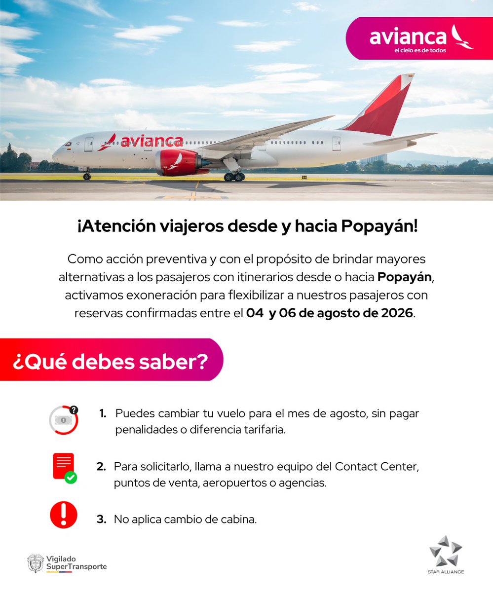 aviancateguia's tweet photo. @javytaborda ¡Atención, pasajero! ✈️ 

Si tienes un vuelo desde o hacia Popayán, esta información es para ti. Te recomendamos ver el estado de tu vuelo aquí: 👉 https://t.co/G673JvdRgY. https://t.co/MMJ4MPsZUv
