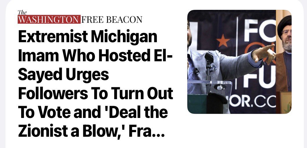 SenFettermanPA's tweet photo. This Michigan Imam and big El-Sayed backer: 

Pro-
✔️ Hamas
✔️ Hezbollah 
✔️ Iran

This explains why they were both “sad” after we incinerated Khamenei. https://t.co/RI8DIlHvcy