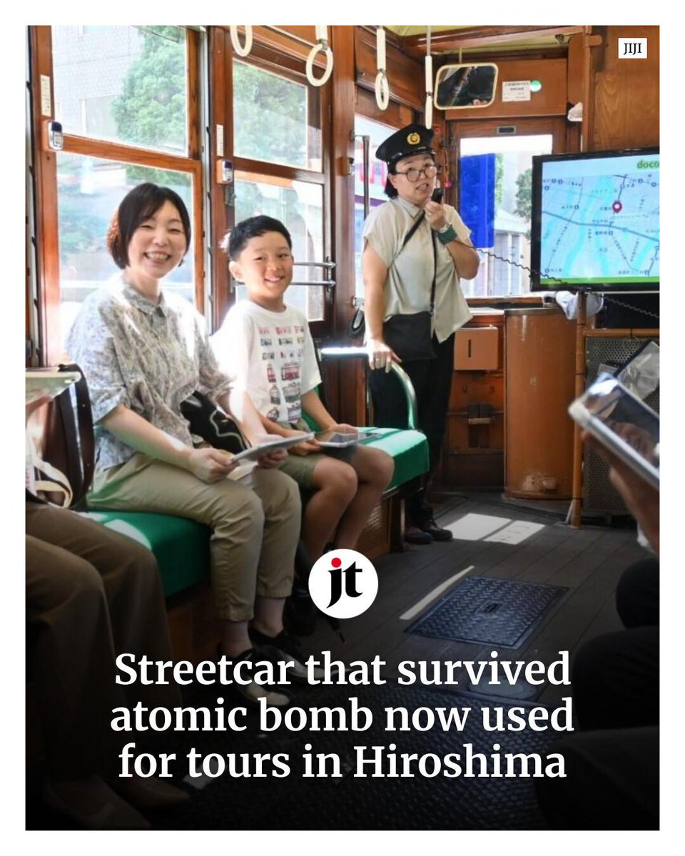japantimes's tweet photo. A tour is now running in Hiroshima offering views of the city's reconstruction following the U.S. atomic bombing 81 years ago — aboard a streetcar that survived the blast. 👉 https://t.co/TnMdb0v0L5 https://t.co/z6awYT10KG