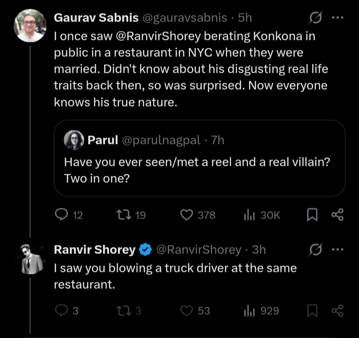 gauravsabnis's tweet photo. Much to unpack here from @RanvirShorey 
1. Not denying that he berated her in NYC
2. Thinks accusing me of fellatio is an insult
3. Truck driver!

Tho I've never done so, there's nothing wrong with blowing truck drivers.

There's a lot wrong with berating your spouse publicly https://t.co/LbJcXN6Yjz