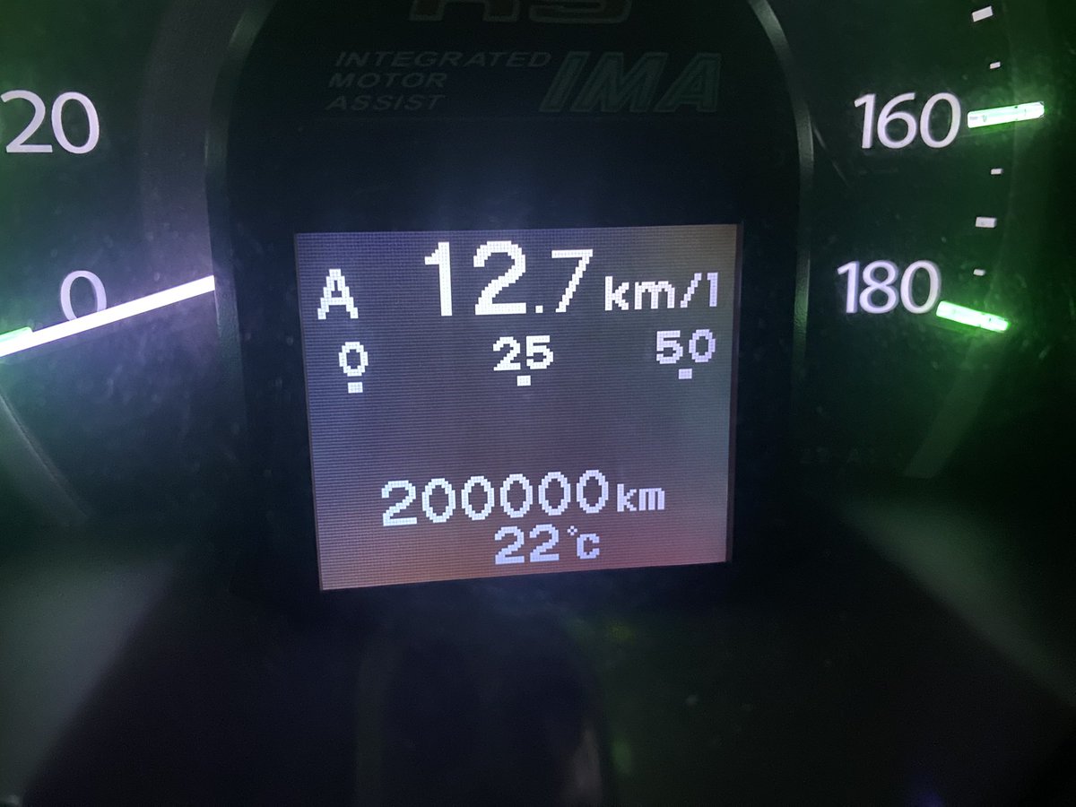 ERO82's tweet photo. ついに到達しました200,000km。なんだかんだでいい車です、DAA-GP4。ここま���くるとバッテリーが持つまで乗りたくなる。 https://t.co/U7T2jLnd3c