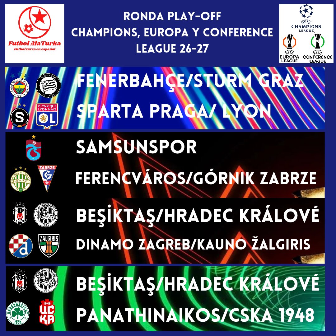 futbolalaturka1's tweet photo. Interesantes play-off para los turcos en la #UCL, #UEL y #UECL

#Fenerbahçe si gana al Sturm se enfrentará al Sparta Praga o al Lyon

#Beşiktaş si vence al Hradec jugaría  Dinamo y Žalgiris o al Panathinaikos y CSKA 1948

#Trabzonspor juega contra Ferencváros y Górnik 
#FUTALATUR https://t.co/SfnQvFplyj