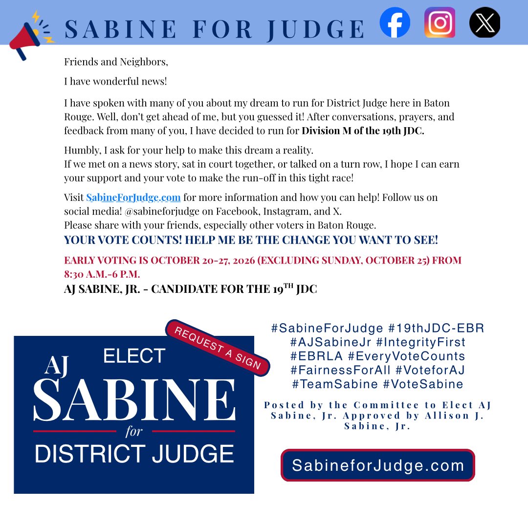 AJSabine's tweet photo. Y’all help me win this! #Vote #SabineForJudge https://t.co/dprKgPPYNj