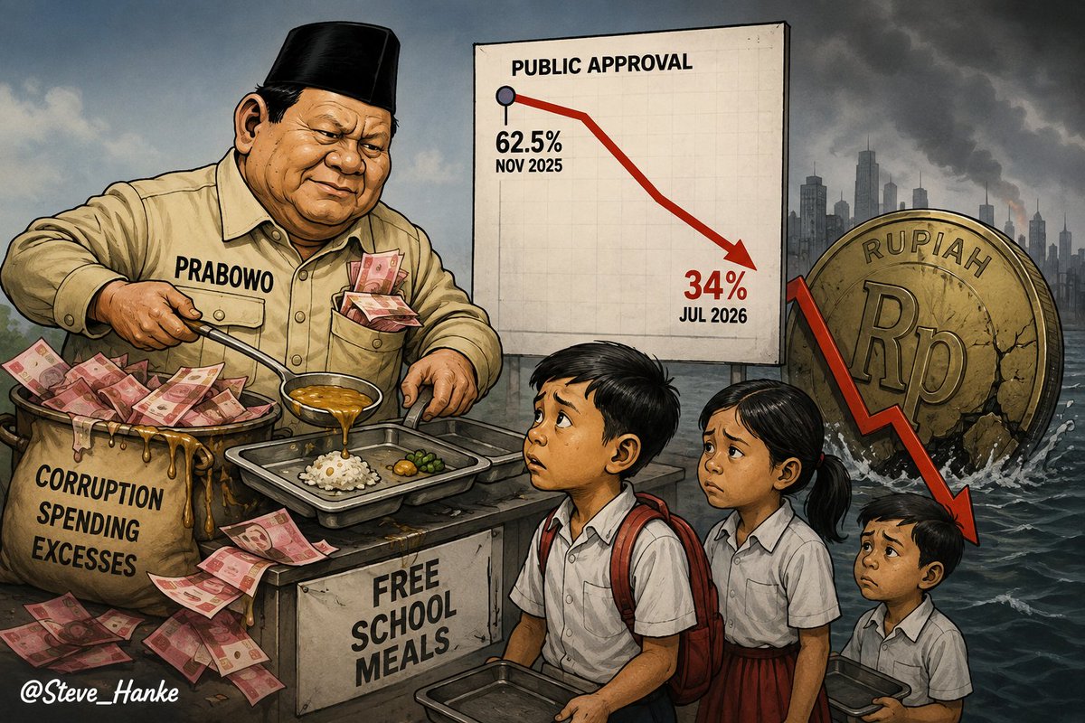 steve_hanke's tweet photo. #IDNWatch🇮🇩: Public approval for Indonesia's free school meals boondoggle plummeted from 62.5% last November to 34% today.

PRABOWO’S FREE MEALS BOONDOGGLE = PLAGUED BY CORRUPTION AND SPENDING EXCESSES. https://t.co/dU5rUFndKA