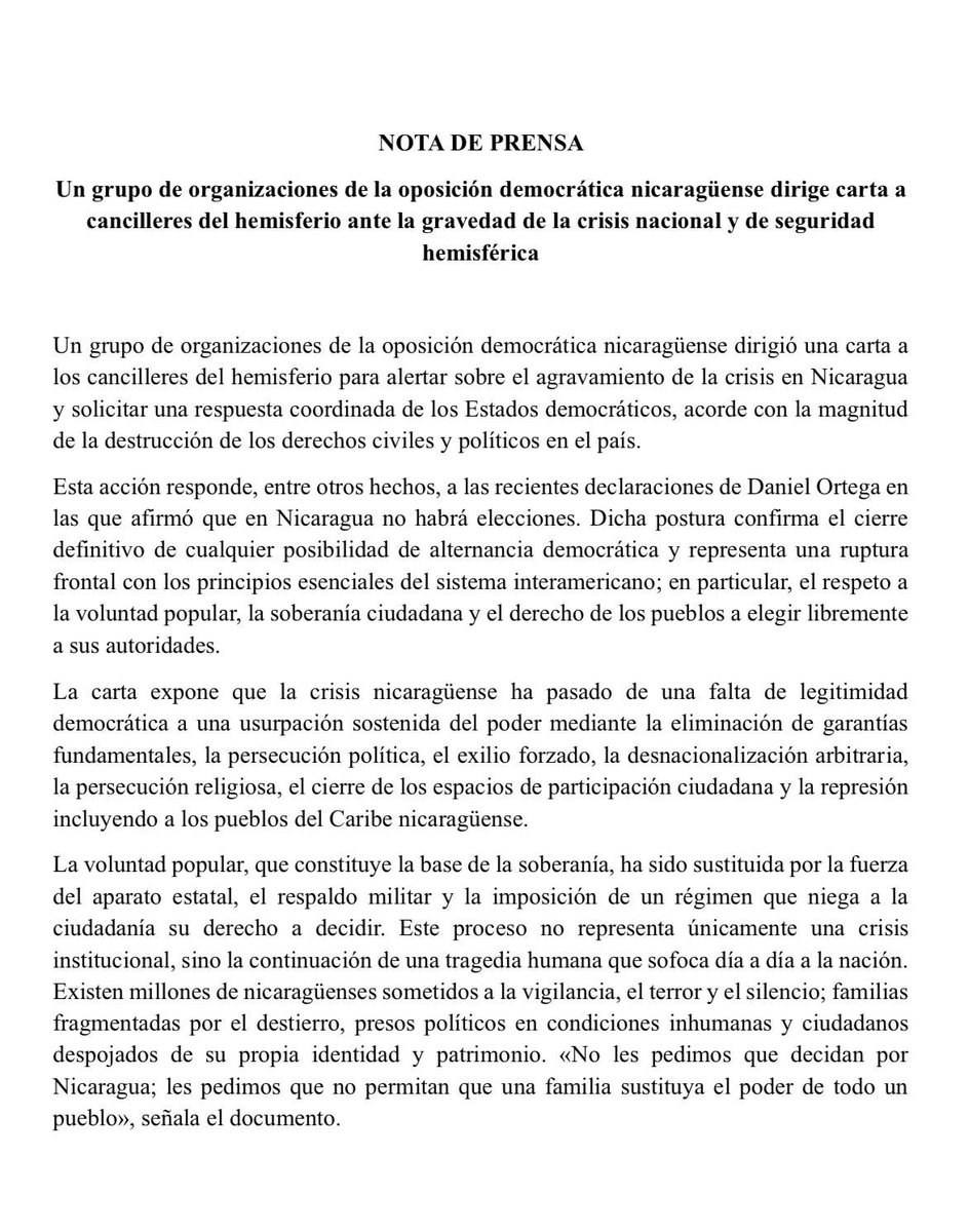 LuisBlandonF's tweet photo. Organizaciones de la oposición democrática nicaragüense dirigió una carta a los cancilleres del hemisferio para alertar sobre el agravamiento de la crisis en Nicaragua y solicitar una respuesta coordinada de los Estados democráticos https://t.co/LVeCfZIYjd