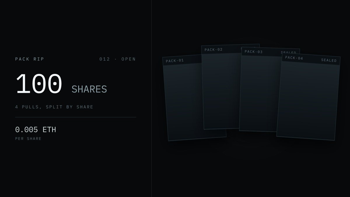 fwapools's tweet photo. Pack Rip 012 is open

100 shares → 4 pulls, split by share
0.005 ETH each

https://t.co/vhHrKT3AVb https://t.co/pDDCy6vYT8