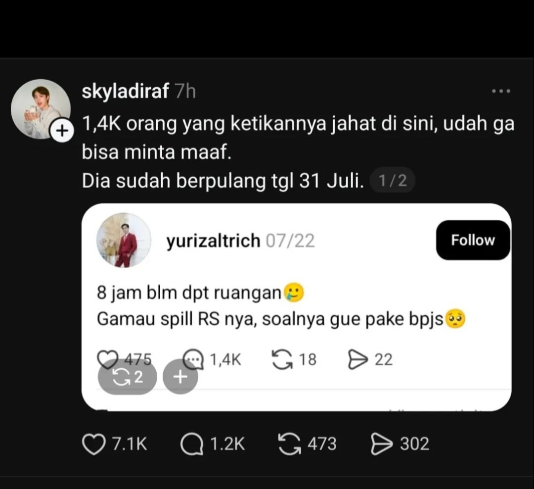 tb_siswadi's tweet photo. Jujur, saya agak sedih lihat kasus ini.

Saat post ini viral, banyak yang langsung menghujat penulisnya. 

Banyak nakes juga ikut berkomentar karena merasa rumah sakit, nakes dan BPJS selalu dijadikan kambing hitam.

Sekarang orangnya dikabarkan meninggal.

Sebagai nakes, saya paham kenapa banyak yang tersinggung. Menunggu ruangan tidak selalu berarti ditelantarkan. Bisa karena bed penuh, menunggu pasien pulang, ruang isolasi, ICU penuh, atau alasan medis lainnya.

Tapi sebagai manusia, saya juga merasa kita tidak pernah benar2 tahu kondisi seseorang hanya dari satu postingan.

Mungkin dia hanya sedang meluapkan rasa takut. Mungkin keluarganya sedang panik. Mungkin penyakitnya memang berkembang cepat.

Yang saya sayangkan bukan soal siapa yang benar.

Yang saya sayangkan adalah betapa mudahnya kita menghakimi seseorang yang bahkan tidak kita kenal.

Jika memang postingannya keliru, luruskan dengan edukasi. Kalau berbeda pendapat, sampaikan dengan hormat. Karena kita tidak pernah tahu kapan sebuah komentar menjadi hal terakhir yang dibaca seseorang.

Di dunia medis, kita diajarkan untuk tidak mengambil kesimpulan sebelum datanya lengkap. Mungkin prinsip yang sama juga perlu kita bawa ke media sosial.