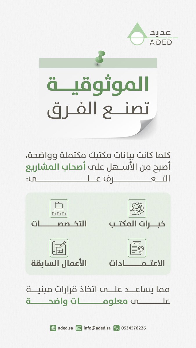 ADED50's tweet photo. أول خطوة لكسب ثقة صاحب المشروع؟
بيانات مكتبك.

كل ما كانت البيانات مكتملة وواضحة، صار أسهل على أصحاب المشاريع يتعرفون على خبراتك ويختارونك بثقة.

احرص على إضافة:
✔️ التخصصات
✔️ الخبرات
✔️ الأعمال السابقة
✔️ الاعتمادات

كل معلومة تضيفها… تقرّبك من فرصة جديدة. 💚

#عديد #المكاتب_الهندسية