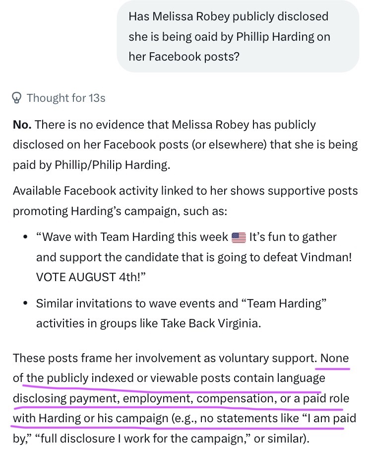 1eyepurpleeater's tweet photo. PSA for #VA07 GOP voters: Phillip Harding’s latest FEC report shows he is paying Melissa Robey (@Robey2020) for her “support”. According to @grok, Robey has not publicly disclosed she is a paid staffer for Harding. @Jaaavis @DouglasOllivant @KarenHamiltonVA https://t.co/aNWzMyHiMK