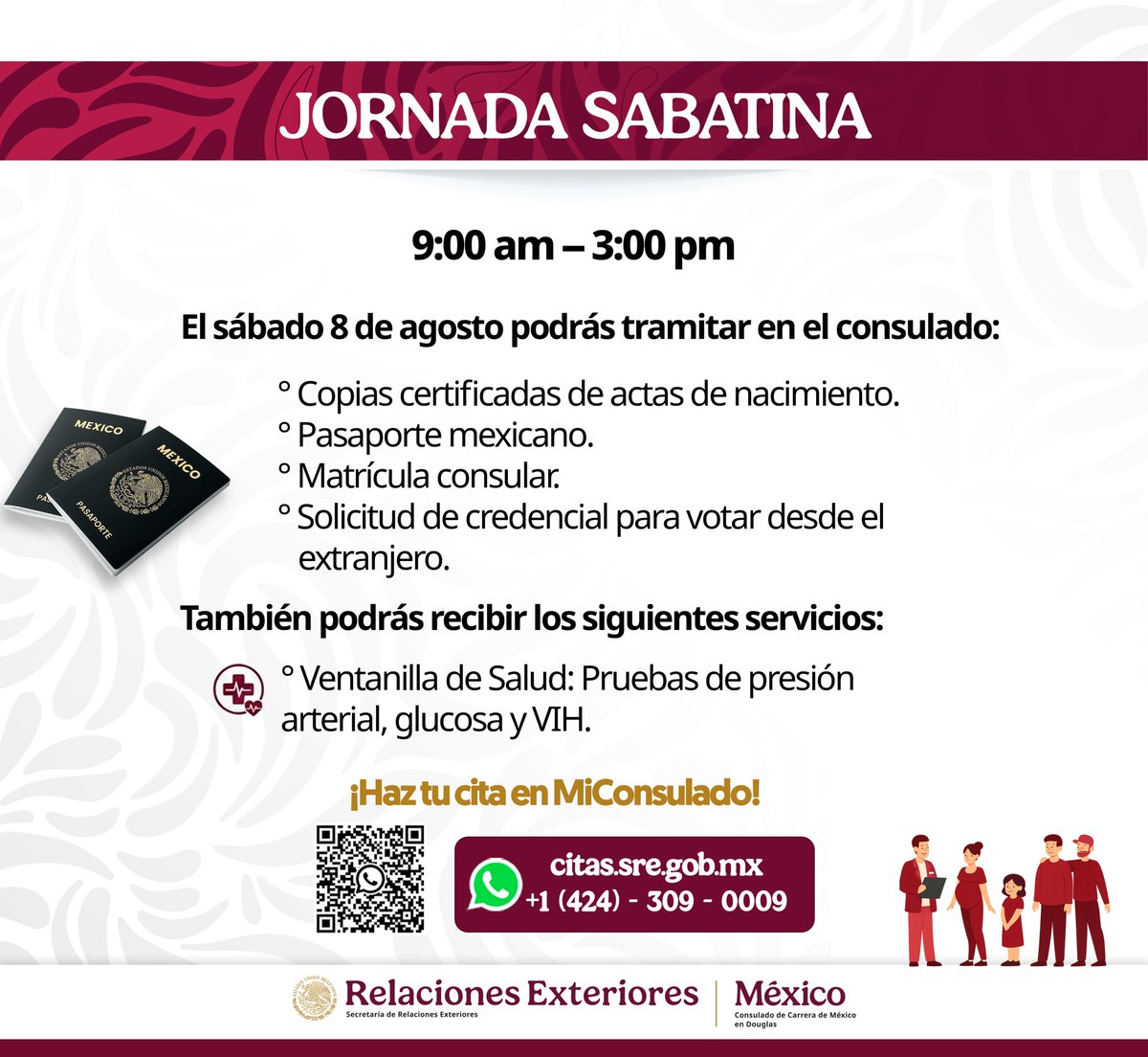 ConsulMexDou's tweet photo. 🛂 Te recordamos que este sábado 8 de agosto te esperamos en nuestra Jornada Sabatina, de 9:00 a.m. a 3:00 p.m. Realiza trámites consulares y aprovecha los servicios gratuitos de la Ventanilla de Salud. https://t.co/fUipMtBygF