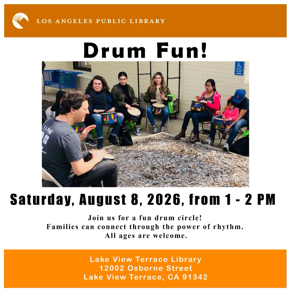 LVTLAPL's tweet photo. Drum Fun!
Saturday, August 8 from 1 - 2 PM
Join us for a fun drum circle! Families can connect through the power of rhythm. All ages are welcome.
#lapl #publiclibrary #lakeviewterrace https://t.co/JxcSp7Egf3